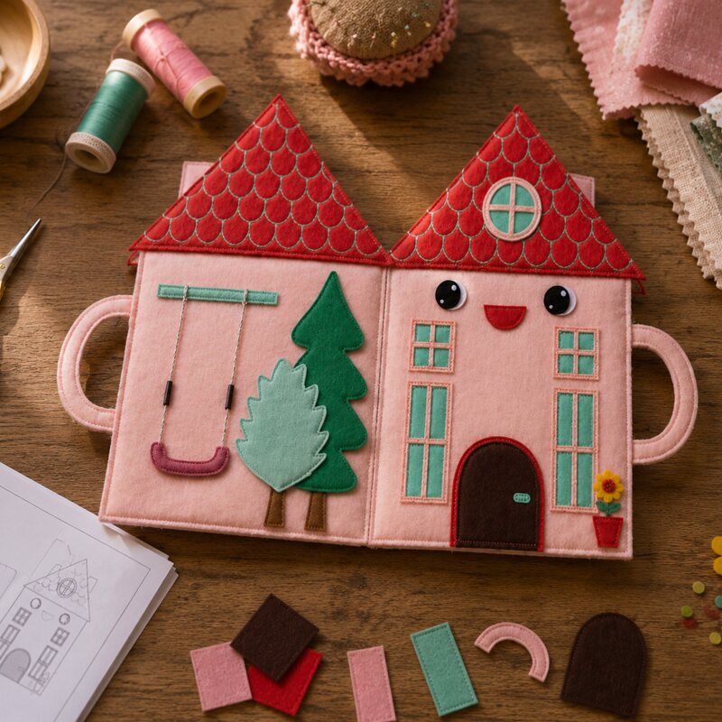 Finished handmade fabric dollhouse on a wooden table