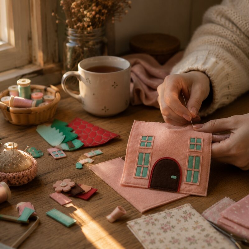 Hands sewing by a window with golden light and a cup of tea