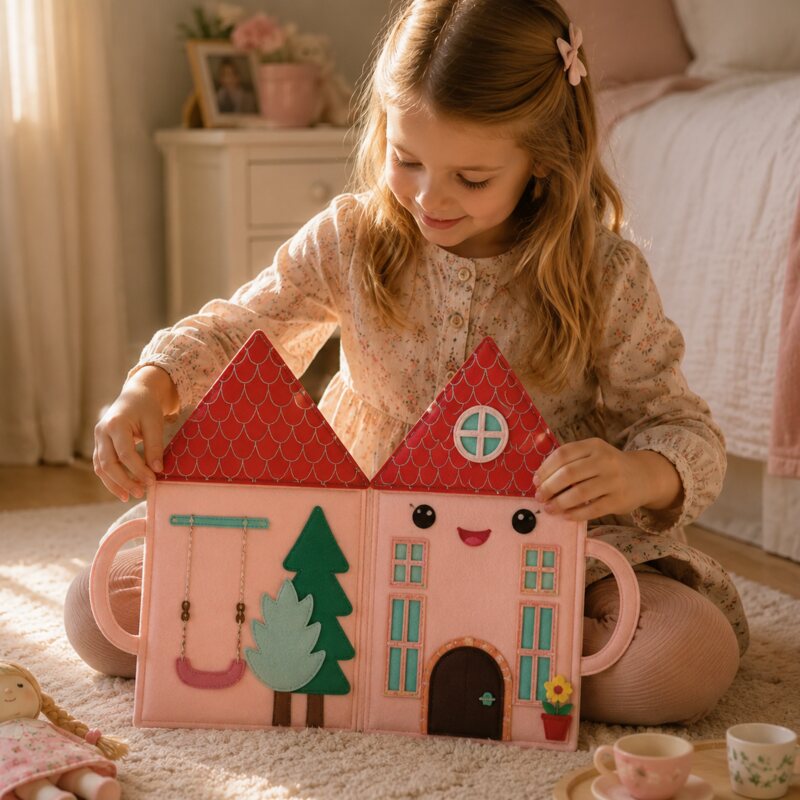 Little girl playing with a handmade fabric dollhouse