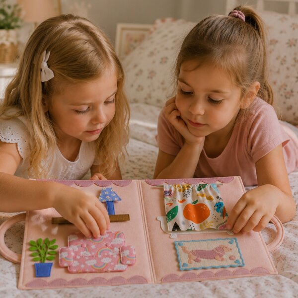 Two girls playing with the handmade Cozy Doll House