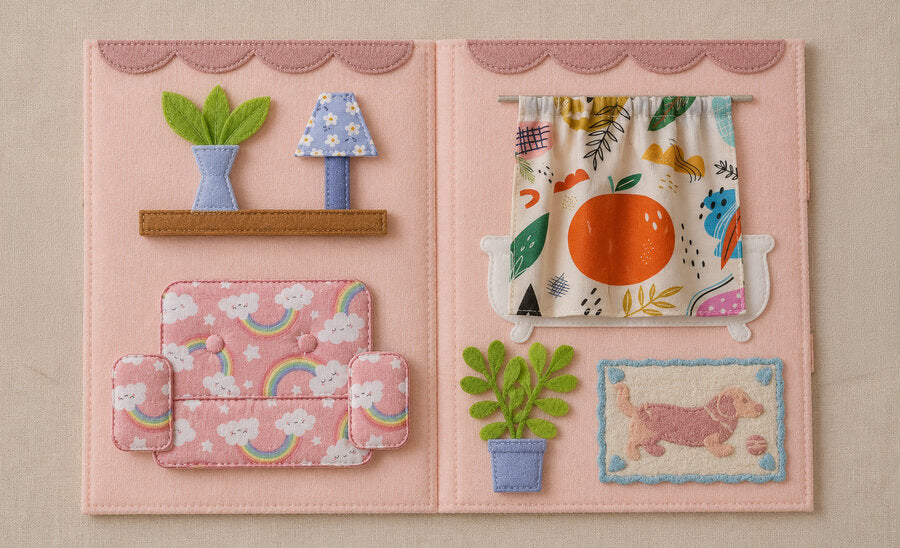 The Cozy Doll House interior — living room and bedroom, every detail handmade