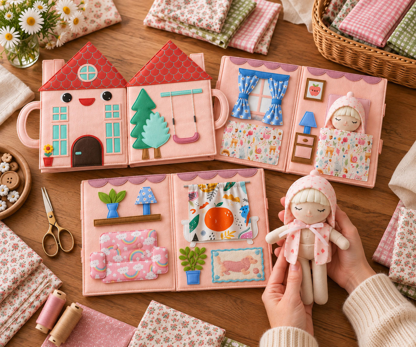 Cozy Doll House handmade fabric dollhouse project with interior pages and doll