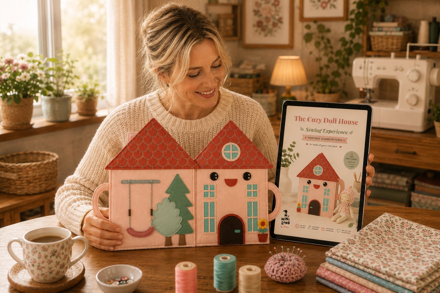 A maker smiling while holding her finished handmade Cozy Doll House, next to a tablet showing the digital sewing pattern